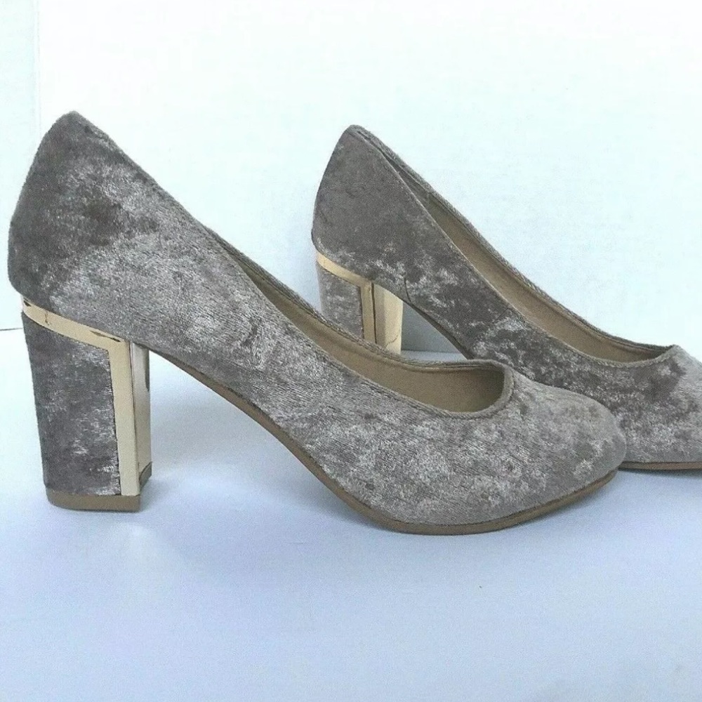“Not Rated” Taupe Velvet Gold Accent Chunky Heels